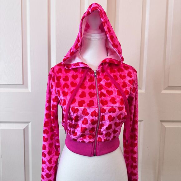 Cropped Velour Zip Up Heart Hoodie Pink & Red – XS - Picture 1 of 5